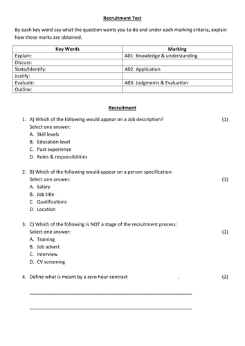 AQA GCSE Business topic test on recruitment & training