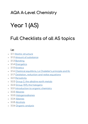 AQA AS Level Chemistry   AS Checklists | Teaching Resources