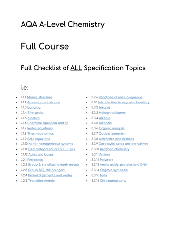Aqa a level chemistry checklists full course every topic teaching 