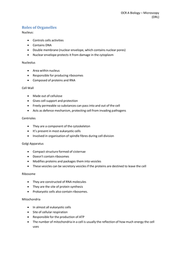 Biology OCR A - AS Level - Microscopy - Roles of Organelles Notes ...