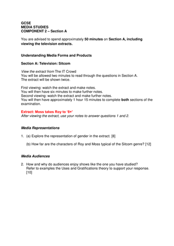 Eduqas GCSE Media Component 2 Section A Mock (not SAMs) The IT Crowd