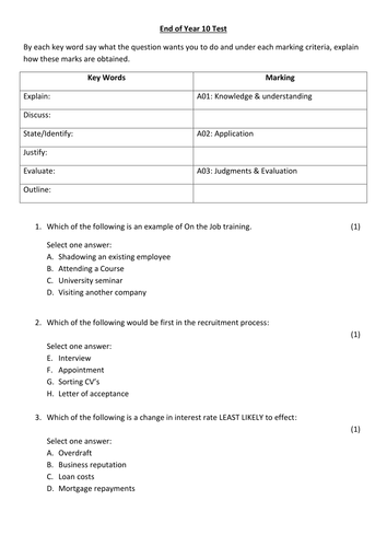 GCSE Business AQA Year 10 test with mark scheme