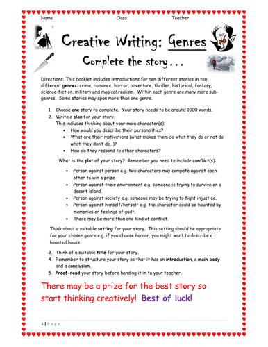 14 page GCSE / National 5 English Creative Writing Booklet: 'Complete the Story' - 10 Genres