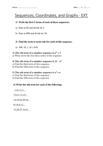Sequences, Coordinates and Graphs Lesson + Worksheets | Teaching Resources