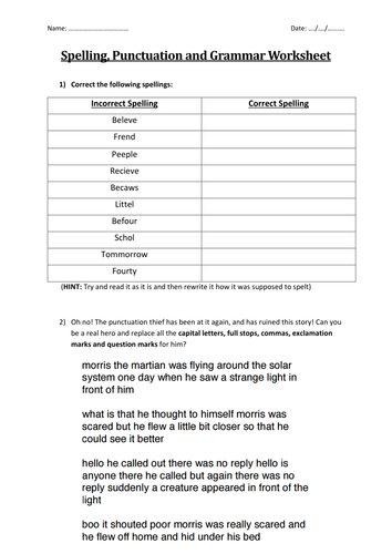 Spelling, Punctuation and Grammar Worksheet