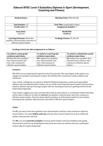 Btec unit 13 leadership assignment briefs