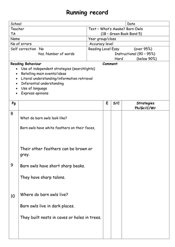 Running Record Assessments for Book Bands KS1 and Class Tracker ...