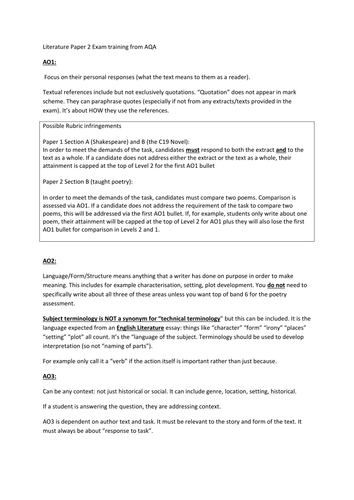 AQA Literature Paper 1 (Shakespeare and 19th Century novel) marking support document
