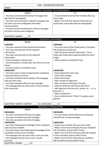 French GCSE - Practice writing paper and feedback sheets: Theme 1 (Identity and culture)