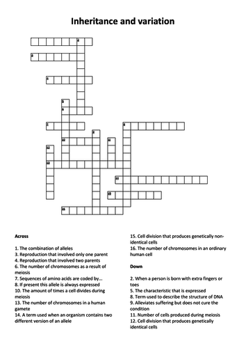 Inheritance and variation crossword Teaching Resources