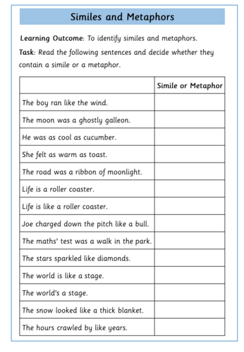 similes and metaphors worksheets teaching resources