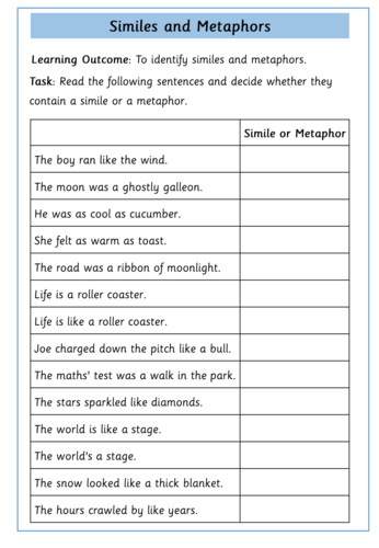 simile worksheet for class 6