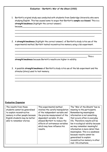 AQA GCSE (new spec) Psychology Memory Bartlett reconstrucitve memory