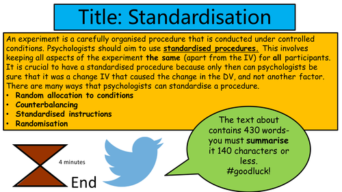 AQA GCSE Psychology - Experimental Research Methods: Methods of control, standardisation