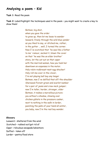 Analysis of poetry: Kid by Simon Armitage | Teaching Resources