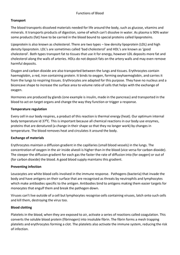 Function of Blood Health and Social Care Cambridge Technicals Level 3 Unit 4