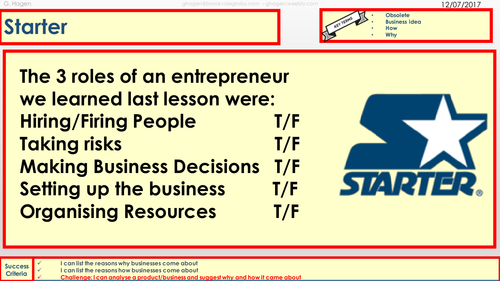 Full Set of Lessons for 1.1 Enterprise and Entrepreneurship 9-1 Edexcel GCSE Business
