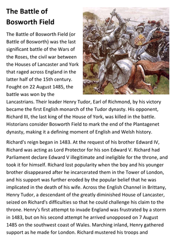 The Battle of Bosworth Field Handout