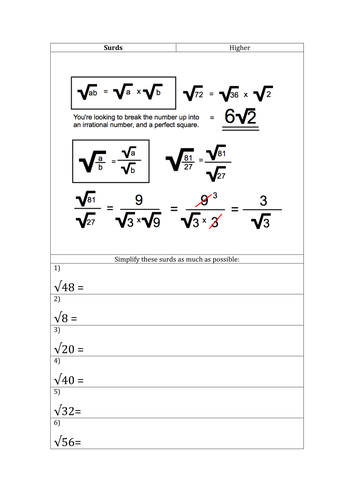 GCSE Maths - Surds - 30 Questions and Worked Answers | Teaching Resources