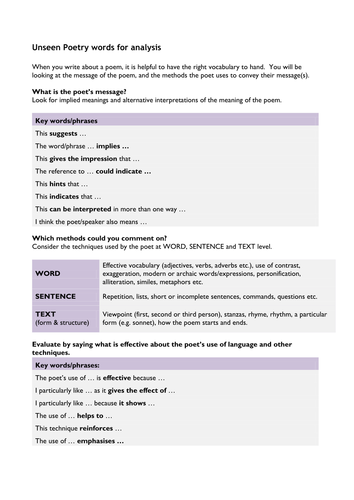 Unseen Poetry SoW, sample questions, model answers, and other resources ...