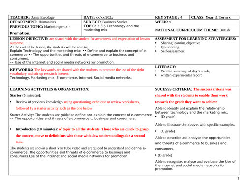 Technology and the marketing mix Lesson Plan 'MS word doc.' IGCSE ...