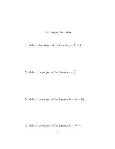 Rearranging formulae/Changing the subject of a formula worksheets with