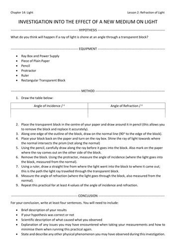 Light Required Practical Worksheet for AQA GCSE Physics | Teaching