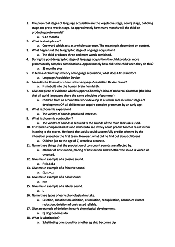 Child language acquisition revision questions and answers | Teaching ...
