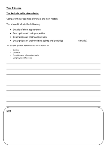 Extended writing task - The Periodic table - Foundation