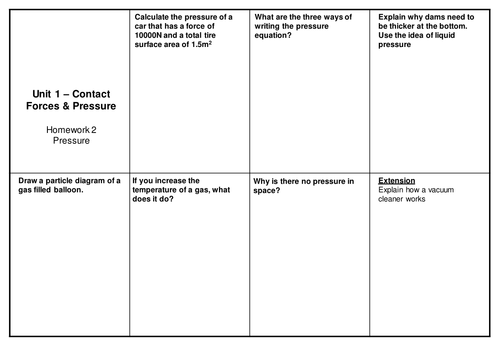 Forces and Pressure KS3 Physics Topic - Homework sheets