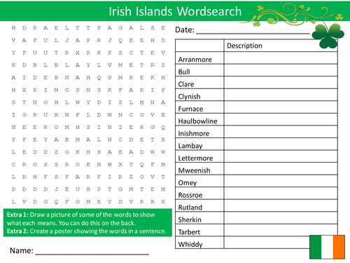 Irish Islands Wordsearch Starter Activity Geography Ireland Homework