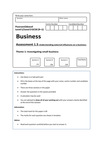 9 1 Edexcel Business GCSE End Of Topic Assessments Teaching Resources