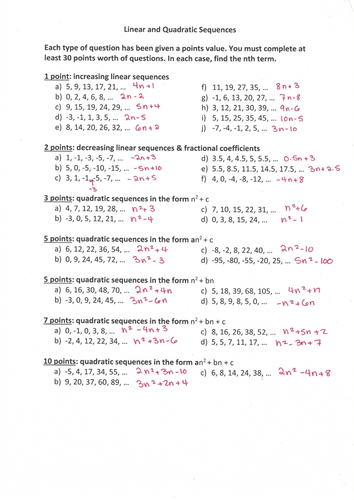 linear and quadratic sequences nth term teaching resources