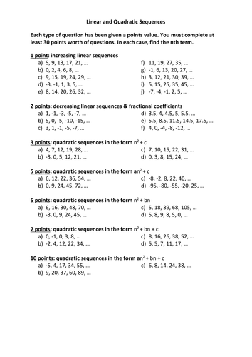Linear and Quadratic Sequences Nth term | Teaching Resources