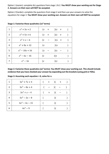 Factorising and Solving quadratic equations includes questions with