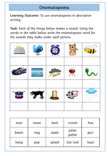 onomatopoeia worksheets teaching resources