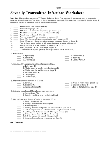 Sexually Transmitted Diseases Worksheet Teaching Resources 7547