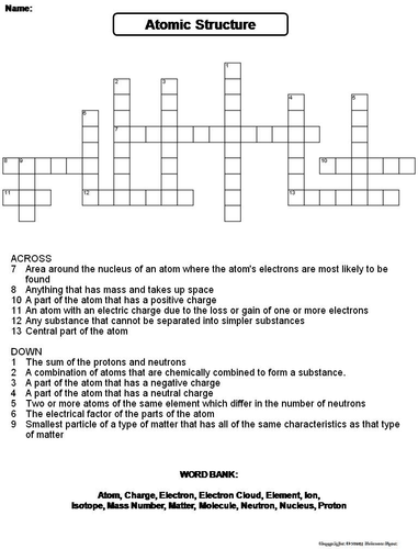 Atomic Structure Crossword Puzzle Teaching Resources