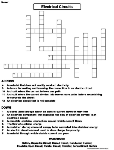 Electrical Circuits Crossword Puzzle Teaching Resources