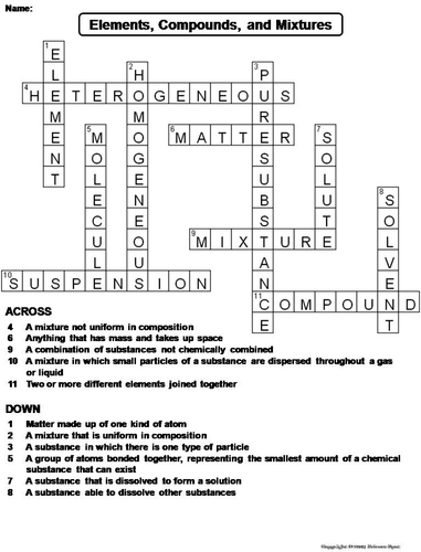 Elements Compounds and Mixtures Crossword Puzzle Teaching Resources