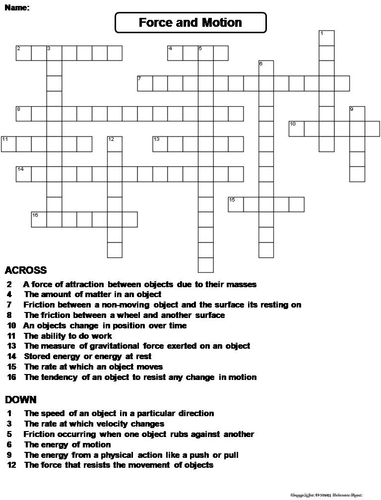 Force and Motion Crossword Puzzle Teaching Resources