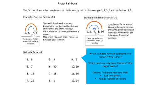 Factor Rainbows Worksheet (Finding Factors) with Answers | Teaching