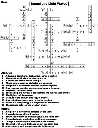 Sound and Light Waves Crossword Puzzle Teaching Resources