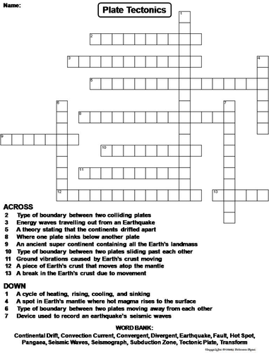 Earthquakes And Plate Tectonics Crossword Puzzle Teaching Resources