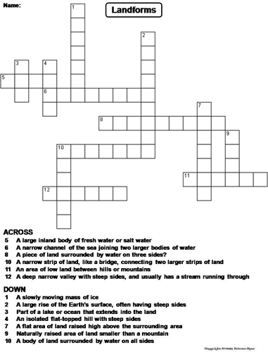 Types of Landforms and Bodies of Water Crossword Puzzle Teaching