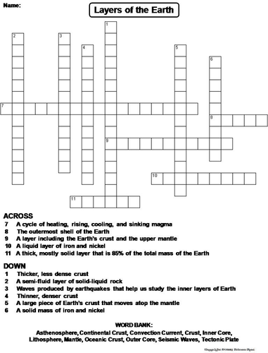 Layers of the Earth Crossword Puzzle Teaching Resources