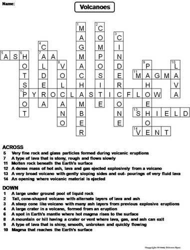 Volcanoes Crossword Puzzle Teaching Resources