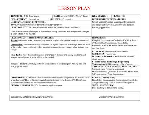 Lesson Plan Economics Year 10 Week 7 Term 1 (Causes of changes in ...
