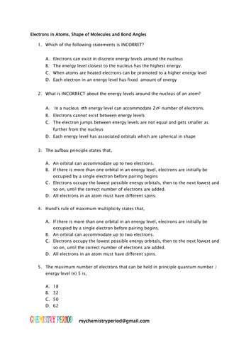 Electrons in Atoms, shapes of molecules and bond angles- MCQ