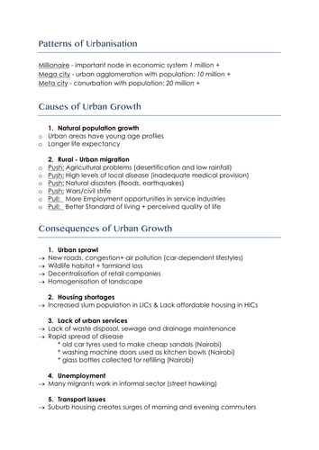 NEW A-level geography - Human Geog - (9.1,9.2) contemporary urban environments revision notes